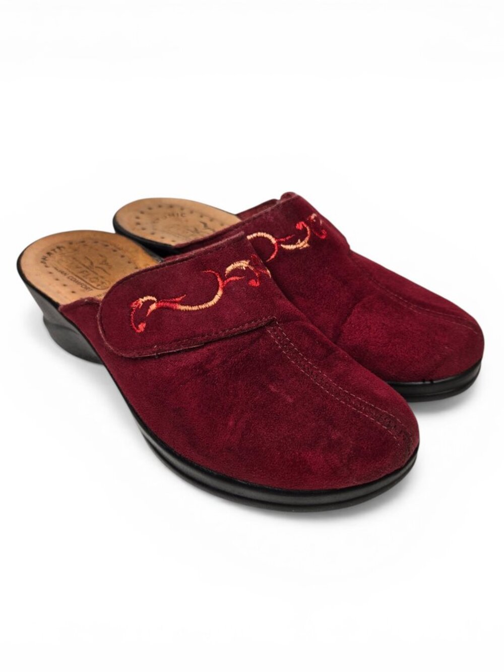 Flyflot Red Suede Slip On Wedge Mule Shoes Women Embroidered Italian Comfort 5.5
